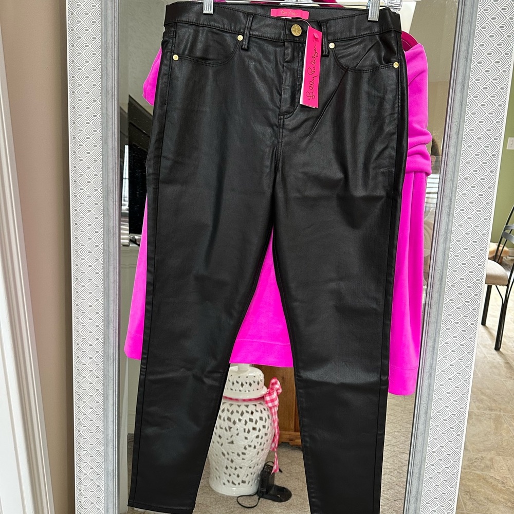 Nwt 10 Lilly Pulitzer Black Coated Eagan jean pants high rise leather - like